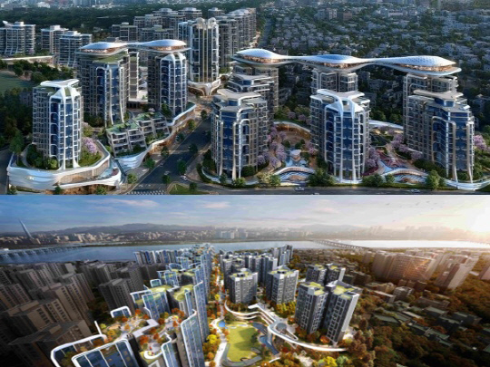 현대건설이 한남4구역에 제안한 '디에이치 한강'(위쪽) 조감도와 삼성물산 건설부분이 제안한 '래미안 글로우힐즈 한남' 중앙광장 조감도. [현대건설·삼성물산 제공]